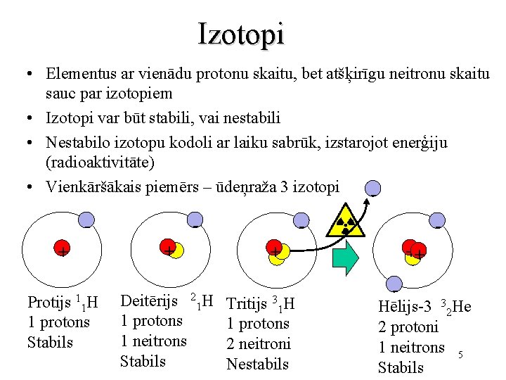 Izotopi • Elementus ar vienādu protonu skaitu, bet atšķirīgu neitronu skaitu sauc par izotopiem