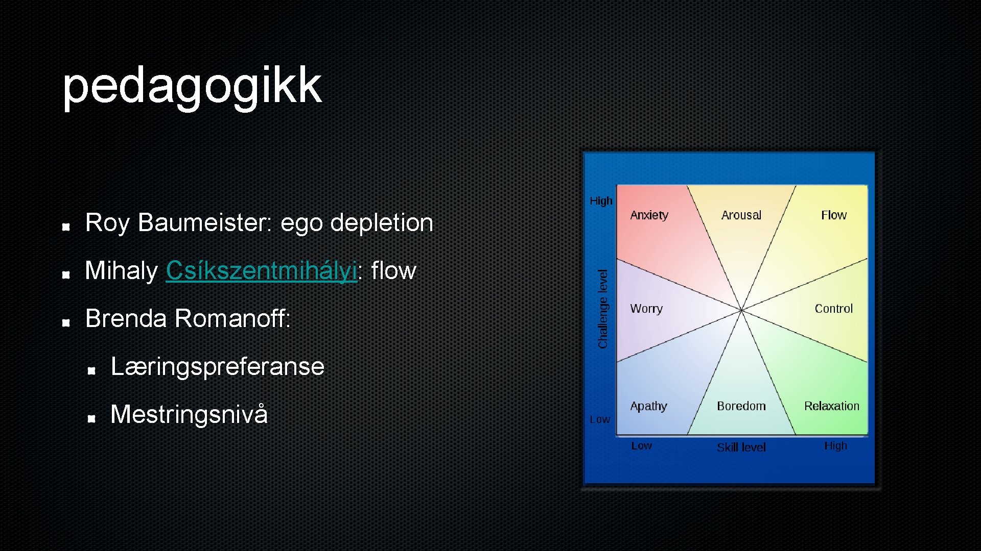 pedagogikk Roy Baumeister: ego depletion Mihaly Csíkszentmihályi: flow Brenda Romanoff: Læringspreferanse Mestringsnivå 