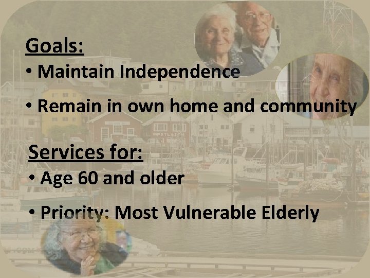 Goals: • Maintain Independence • Remain in own home and community Services for: •