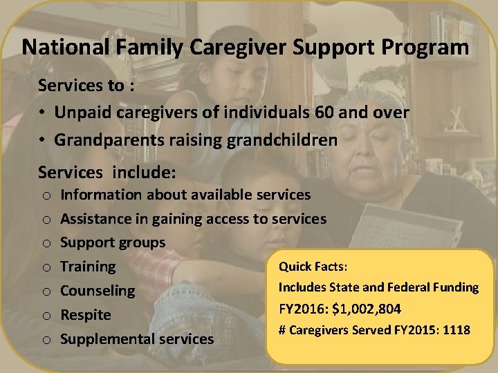 National Family Caregiver Support Program Services to : • Unpaid caregivers of individuals 60