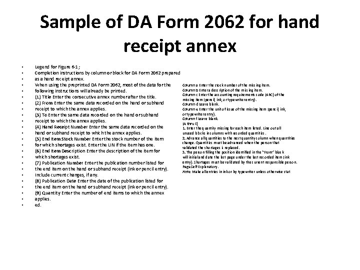 Sample of DA Form 2062 for hand receipt annex • • • • •