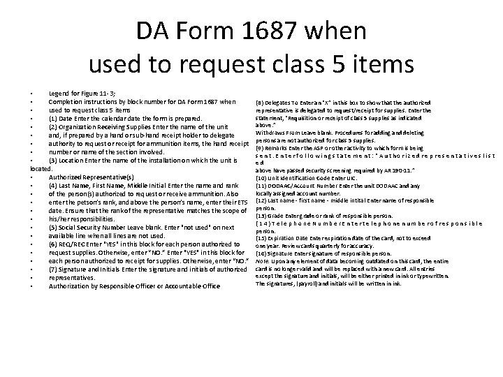 DA Form 1687 when used to request class 5 items • Legend for Figure