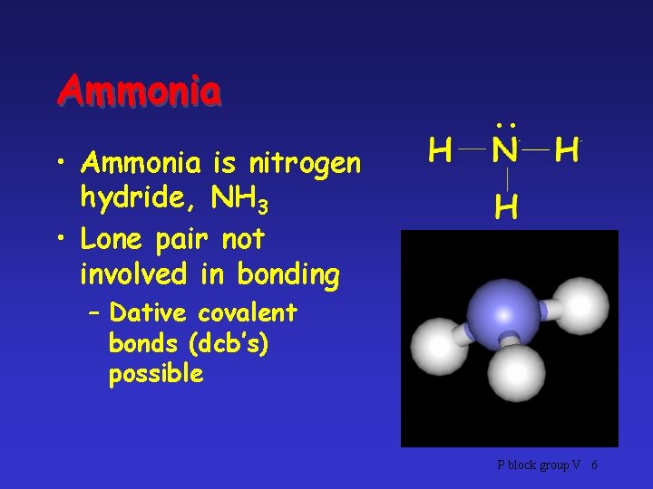 Ammonia . . • Ammonia is nitrogen hydride, NH 3 • Lone pair not