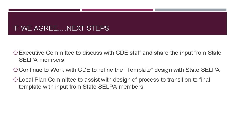 IF WE AGREE…. NEXT STEPS Executive Committee to discuss with CDE staff and share