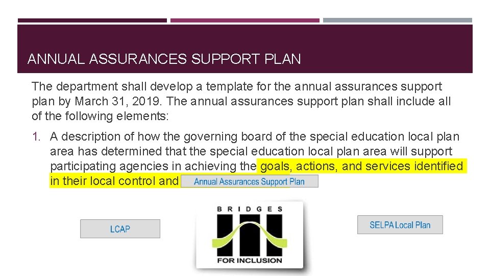 ANNUAL ASSURANCES SUPPORT PLAN The department shall develop a template for the annual assurances