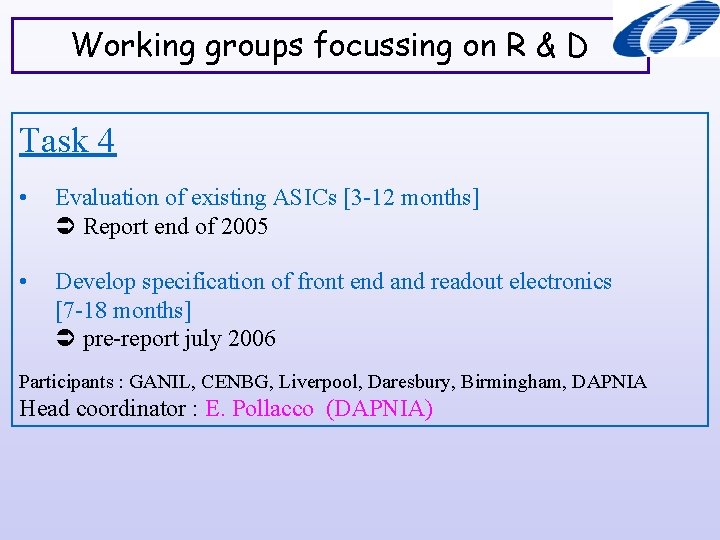 Working groups focussing on R & D Task 4 • Evaluation of existing ASICs