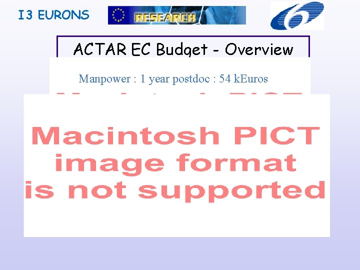 I 3 EURONS ACTAR EC Budget - Overview Manpower : 1 year postdoc :