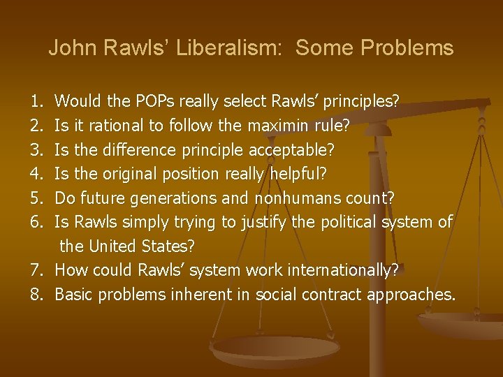 John Rawls’ Liberalism: Some Problems 1. 2. 3. 4. 5. 6. Would the POPs