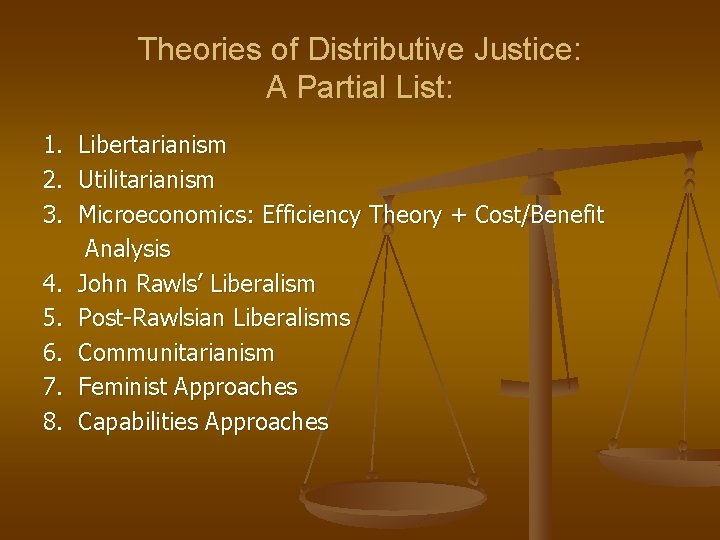 Theories of Distributive Justice: A Partial List: 1. Libertarianism 2. Utilitarianism 3. Microeconomics: Efficiency Theories of Distributive Justice: A Partial List: 1. Libertarianism 2. Utilitarianism 3. Microeconomics: Efficiency