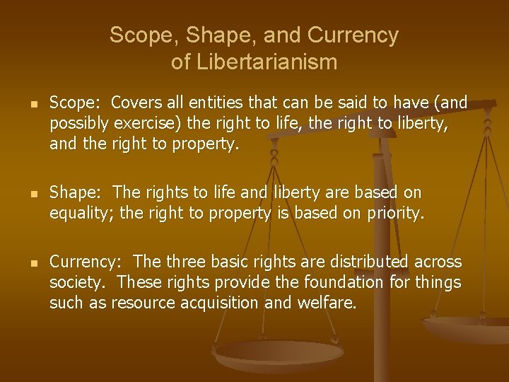 Scope, Shape, and Currency of Libertarianism n n n Scope: Covers all entities that Scope, Shape, and Currency of Libertarianism n n n Scope: Covers all entities that
