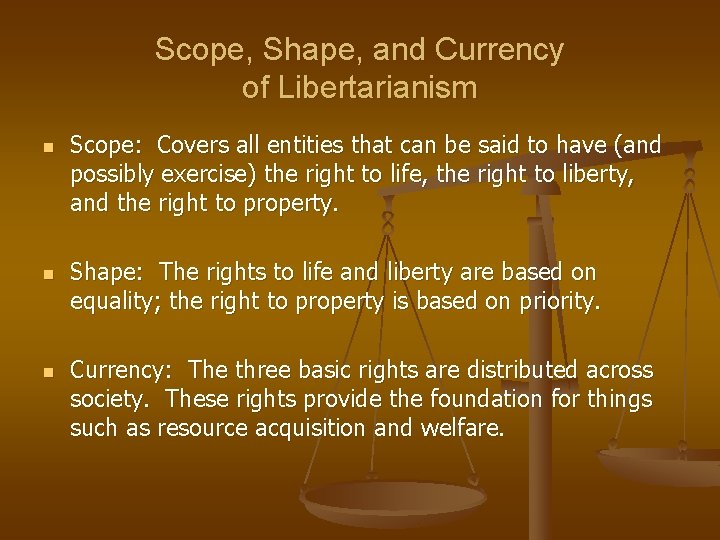 Scope, Shape, and Currency of Libertarianism n n n Scope: Covers all entities that