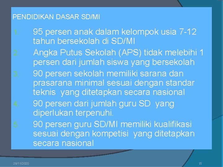 PENDIDIKAN DASAR SD/MI 1. 2. 3. 4. 5. 28/11/2020 95 persen anak dalam kelompok