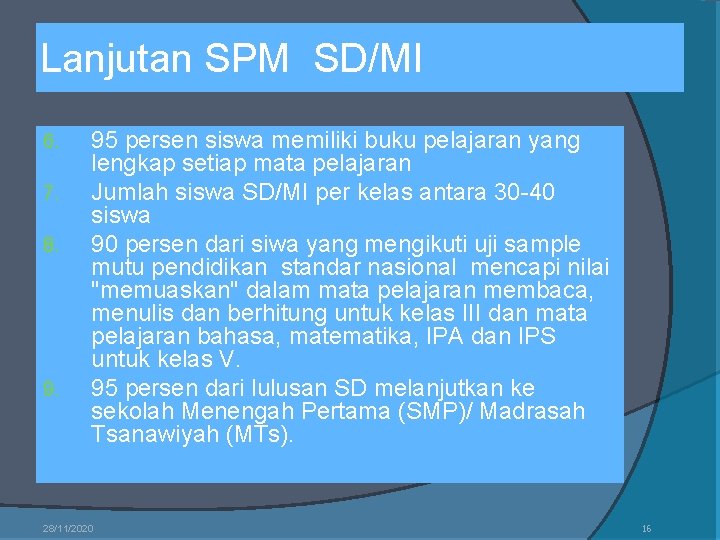 Lanjutan SPM SD/MI 6. 7. 8. 95 persen siswa memiliki buku pelajaran yang lengkap