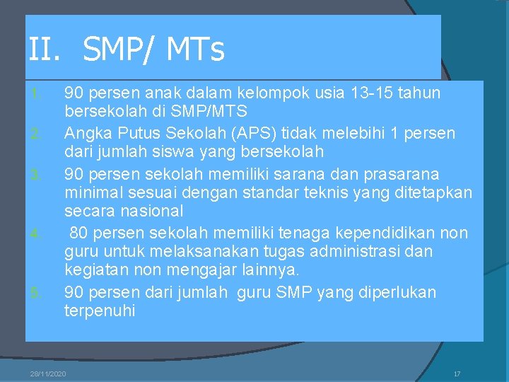 II. SMP/ MTs 1. 2. 3. 4. 5. 90 persen anak dalam kelompok usia