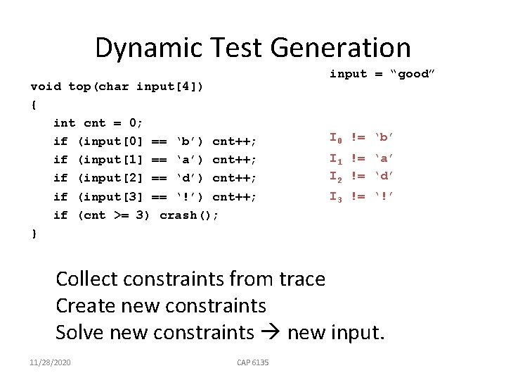Dynamic Test Generation void top(char input[4]) { int cnt = 0; if (input[0] ==