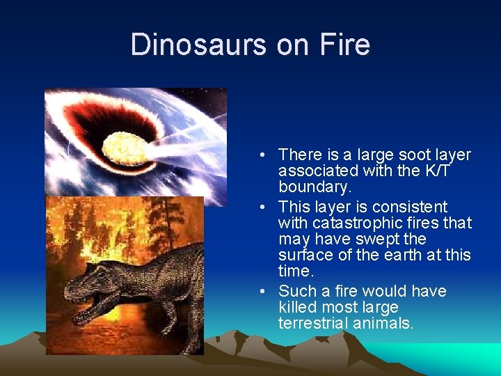 Dinosaurs on Fire • There is a large soot layer associated with the K/T