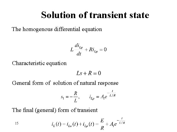 Solution of transient state The homogenous differential equation Characteristic equation General form of solution