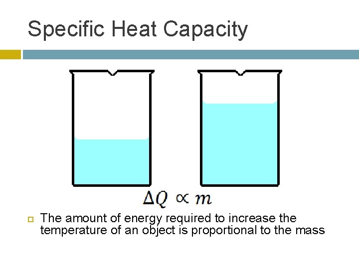 Specific Heat Capacity The amount of energy required to increase the temperature of an
