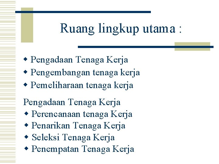 Ruang lingkup utama : w Pengadaan Tenaga Kerja w Pengembangan tenaga kerja w Pemeliharaan