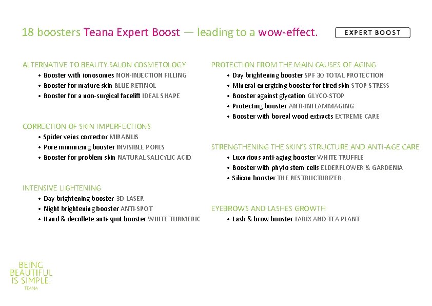 18 boosters Teana Expert Boost — leading to a wow-effect. ALTERNATIVE TO BEAUTY SALON