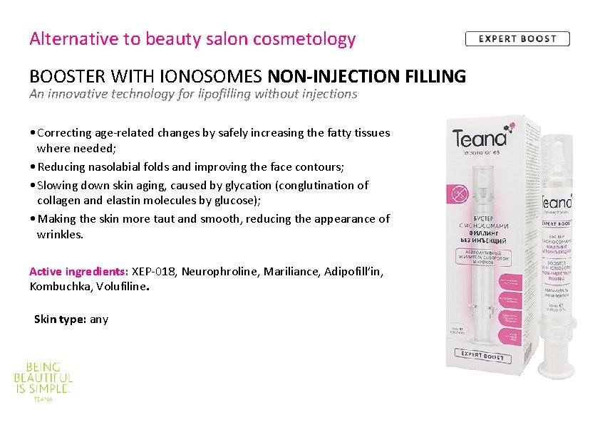 Alternative to beauty salon cosmetology BOOSTER WITH IONOSOMES NON-INJECTION FILLING An innovative technology for