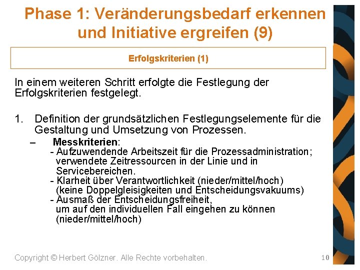 Phase 1: Veränderungsbedarf erkennen und Initiative ergreifen (9) Erfolgskriterien (1) In einem weiteren Schritt
