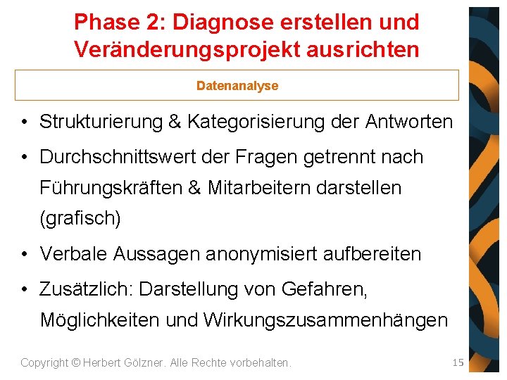 Phase 2: Diagnose erstellen und Veränderungsprojekt ausrichten Datenanalyse • Strukturierung & Kategorisierung der Antworten