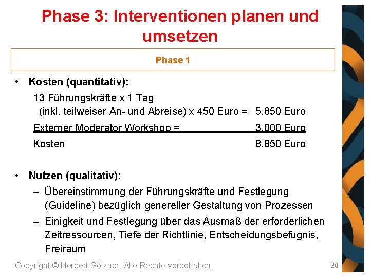 Phase 3: Interventionen planen und umsetzen Phase 1 • Kosten (quantitativ): 13 Führungskräfte x