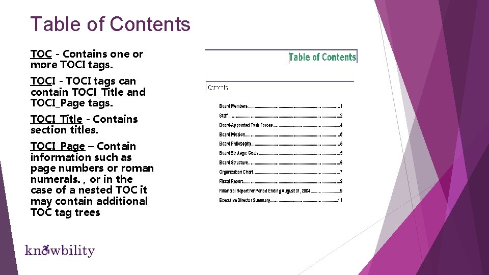 Table of Contents TOC - Contains one or more TOCI tags. TOCI - TOCI Table of Contents TOC - Contains one or more TOCI tags. TOCI - TOCI