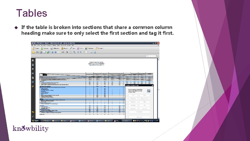 Tables If the table is broken into sections that share a common column heading Tables If the table is broken into sections that share a common column heading