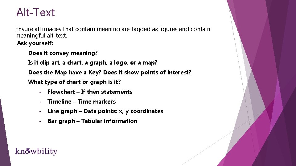 Alt-Text Ensure all images that contain meaning are tagged as figures and contain meaningful Alt-Text Ensure all images that contain meaning are tagged as figures and contain meaningful