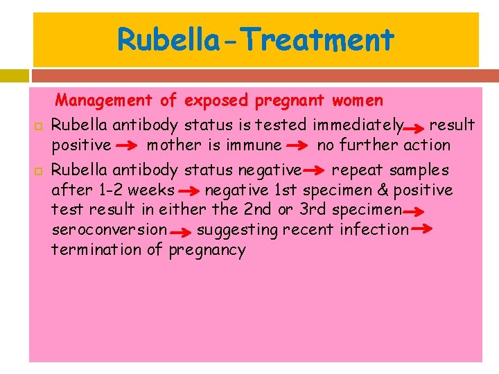 Rubella-Treatment Management of exposed pregnant women Rubella antibody status is tested immediately result positive