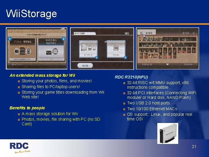 Wii. Storage An extended mass storage for Wii p Storing your photos, films, and