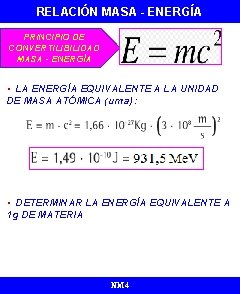RELACIÓN MASA - ENERGÍA PRINCIPIO DE CONVERTILIBILIDAD MASA - ENERGÍA • LA ENERGÍA EQUIVALENTE
