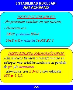 ESTABILIDAD NUCLEAR: RELACIÓN N/Z ISÓTOPOS ESTABLES: -No presentan cambios en sus núcleos. - Elementos