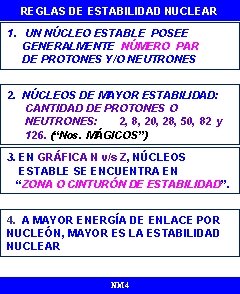 REGLAS DE ESTABILIDAD NUCLEAR 1. UN NÚCLEO ESTABLE POSEE GENERALMENTE NÚMERO PAR DE PROTONES