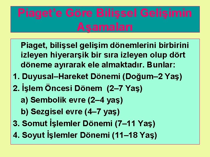 Piaget’e Göre Bilişsel Gelişimin Aşamaları Piaget, bilişsel gelişim dönemlerini birbirini izleyen hiyerarşik bir sıra