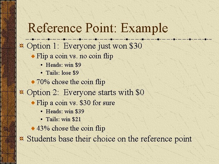 Reference Point: Example Option 1: Everyone just won $30 Flip a coin vs. no