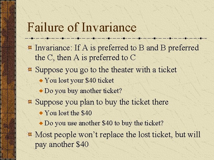 Failure of Invariance: If A is preferred to B and B preferred the C,