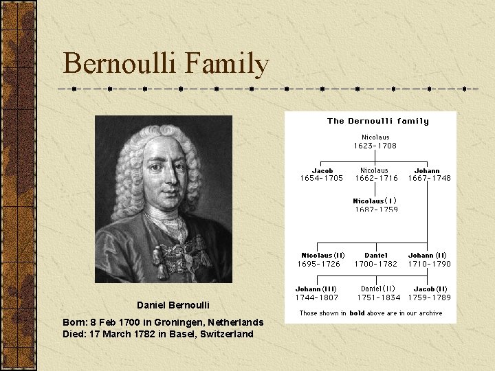 Bernoulli Family Daniel Bernoulli Born: 8 Feb 1700 in Groningen, Netherlands Died: 17 March