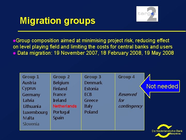 Migration groups l. Group composition aimed at minimising project risk, reducing effect on level