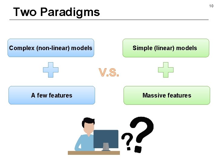 10 Two Paradigms Complex (non-linear) models Simple (linear) models V. S. A few features