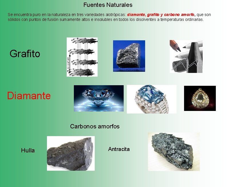 Fuentes Naturales Se encuentra puro en la naturaleza en tres variedades alotrópicas: diamante, grafito