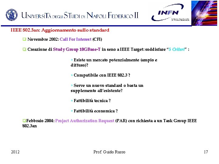 IEEE 802. 3 an: Aggiornamento sullo standard Novembre 2002: Call For Interest (CFI) Creazione