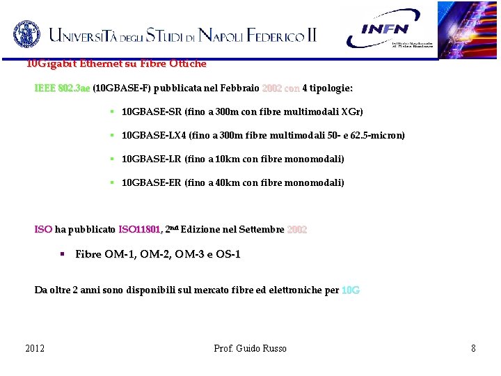 10 Gigabit Ethernet su Fibre Ottiche IEEE 802. 3 ae (10 GBASE-F) pubblicata nel