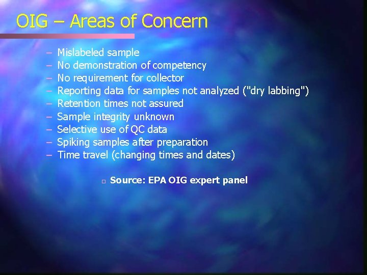 OIG – Areas of Concern – – – – – Mislabeled sample No demonstration