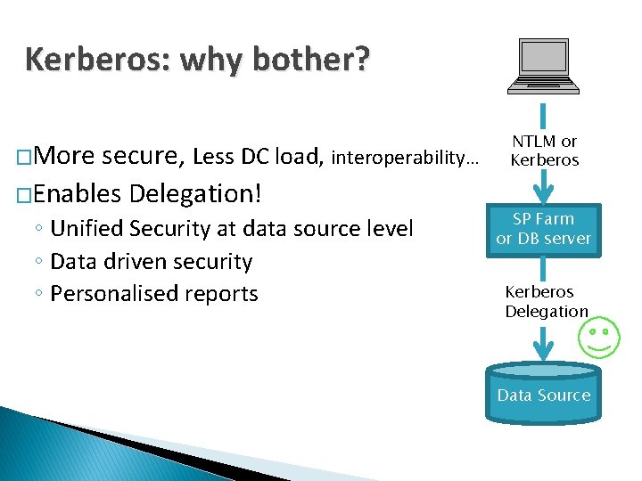 Kerberos: why bother? �More secure, Less DC load, interoperability. . . �Enables Delegation! ◦