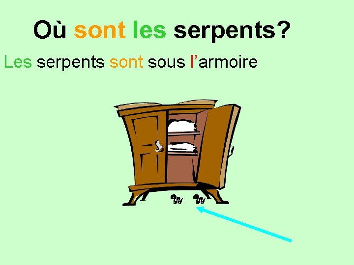 Où sont les serpents? Les serpents sont sous l’armoire 