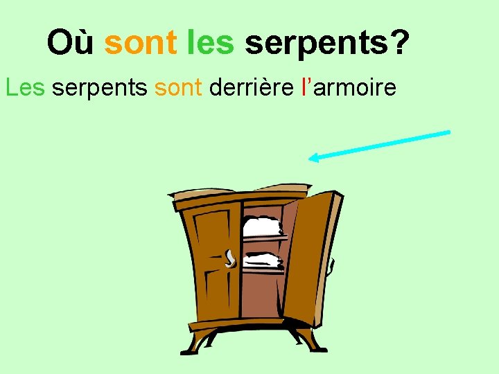 Où sont les serpents? Les serpents sont derrière l’armoire 