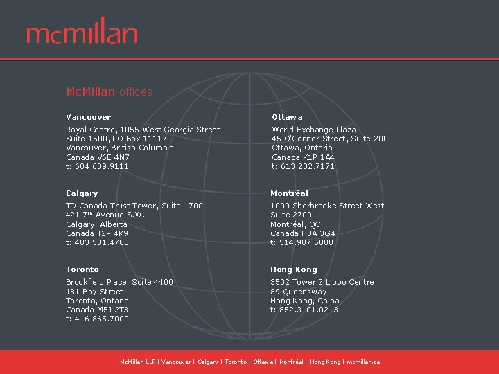 Mc. Millan offices Vancouver Ottawa Royal Centre, 1055 West Georgia Street Suite 1500, PO